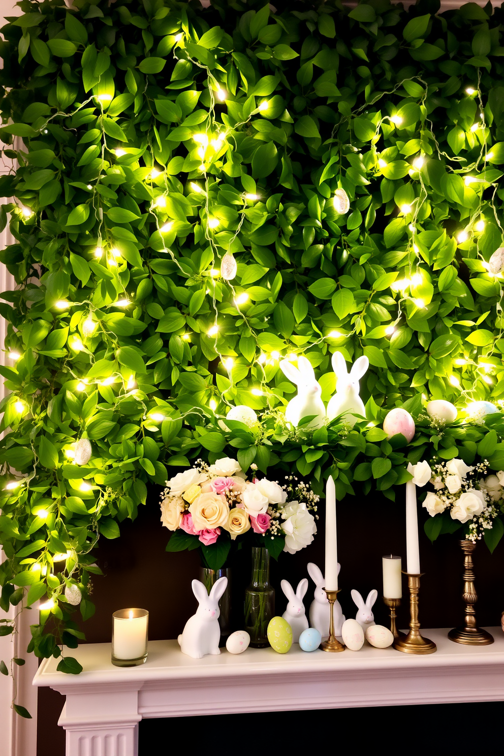 Lush greenery fills the space, creating a vibrant and inviting atmosphere. Soft white lights are delicately draped throughout the foliage, casting a warm glow that enhances the natural beauty. The mantel is adorned with elegant Easter decorations, featuring pastel-colored eggs and whimsical bunnies. Fresh flowers in soft hues are arranged alongside candles, adding a touch of sophistication to the festive display.