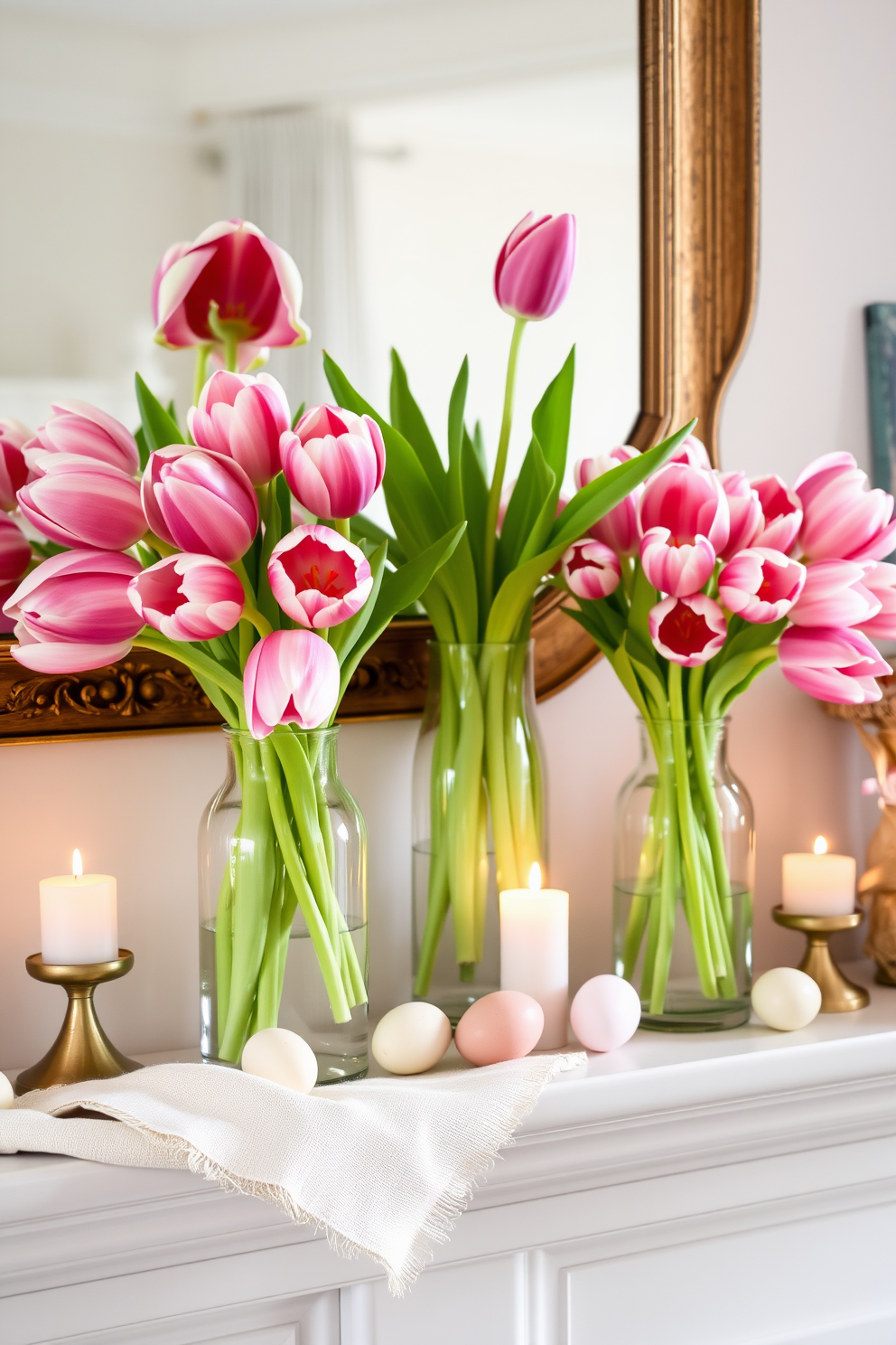 Chic glass vases filled with vibrant tulips are arranged on a stylish mantel. The vases are complemented by delicate decorative elements such as pastel-colored eggs and soft spring-themed accents. Easter decorating ideas include layering soft fabrics like linen and cotton on the mantel for a cozy feel. A few carefully placed candles add warmth and ambiance to the festive display.