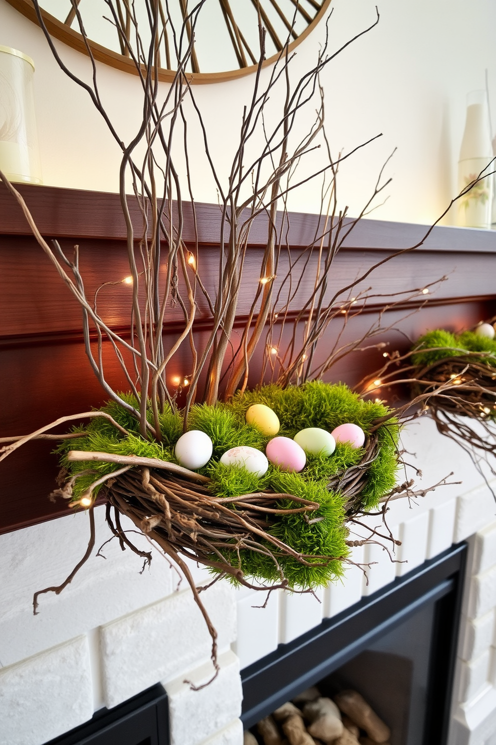 A cozy living room mantel adorned with natural elements like twigs and moss. The twigs are arranged in a stylish manner, while patches of vibrant green moss add a fresh touch to the decor. Colorful Easter eggs in various pastel shades are nestled among the twigs and moss. Soft, warm lighting highlights the beauty of the natural elements and creates an inviting atmosphere.