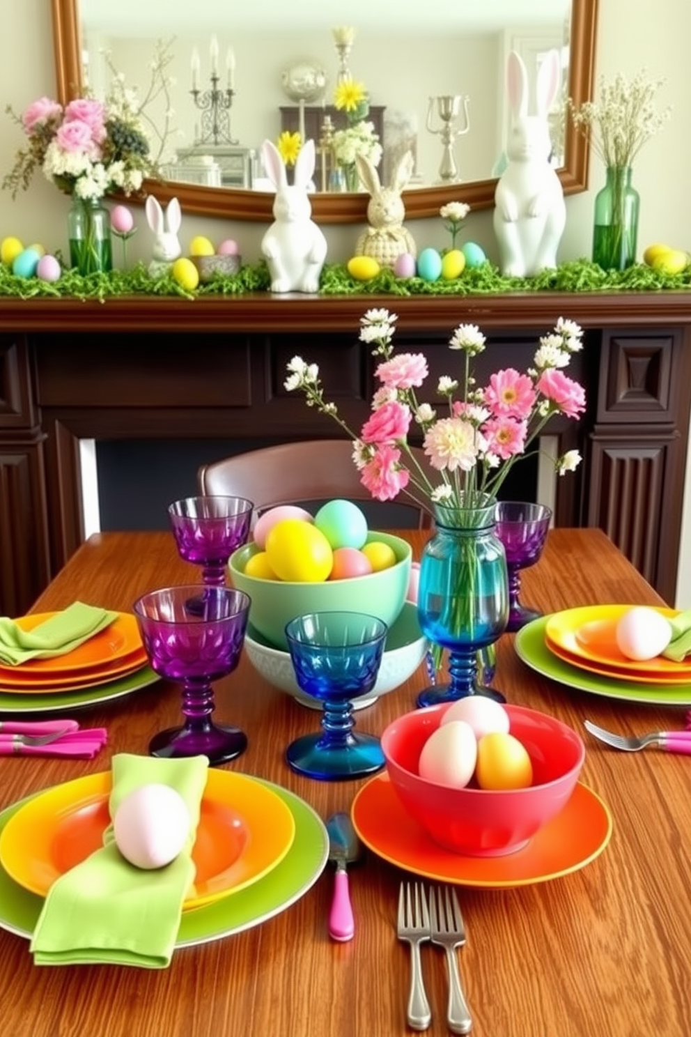 Brightly colored tableware as decor. A vibrant table set with an assortment of dishes in bold hues, complemented by matching glassware and colorful napkins. Mantel Easter Decorating Ideas. A beautifully arranged mantel featuring pastel-colored eggs, delicate spring flowers in vases, and charming bunny figurines to create a festive atmosphere.