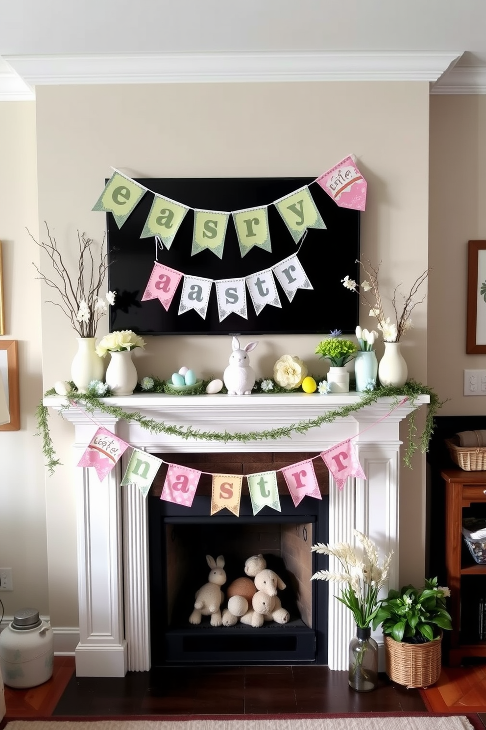 A cozy living room setting featuring a beautifully decorated mantel. Seasonal banners in pastel colors are strung across the mantel, adorned with Easter-themed decorations and fresh spring flowers.