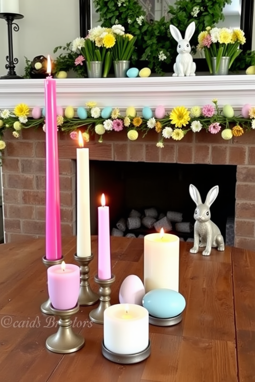 Artisan candles in unique shapes are arranged on a rustic wooden table. The candles vary in height and color, creating an eye-catching centerpiece that adds warmth to the room. Mantel Easter decorating ideas feature a beautifully decorated mantel adorned with pastel-colored eggs and spring flowers. A charming bunny figurine sits at one end, complementing the seasonal theme and inviting a festive atmosphere.