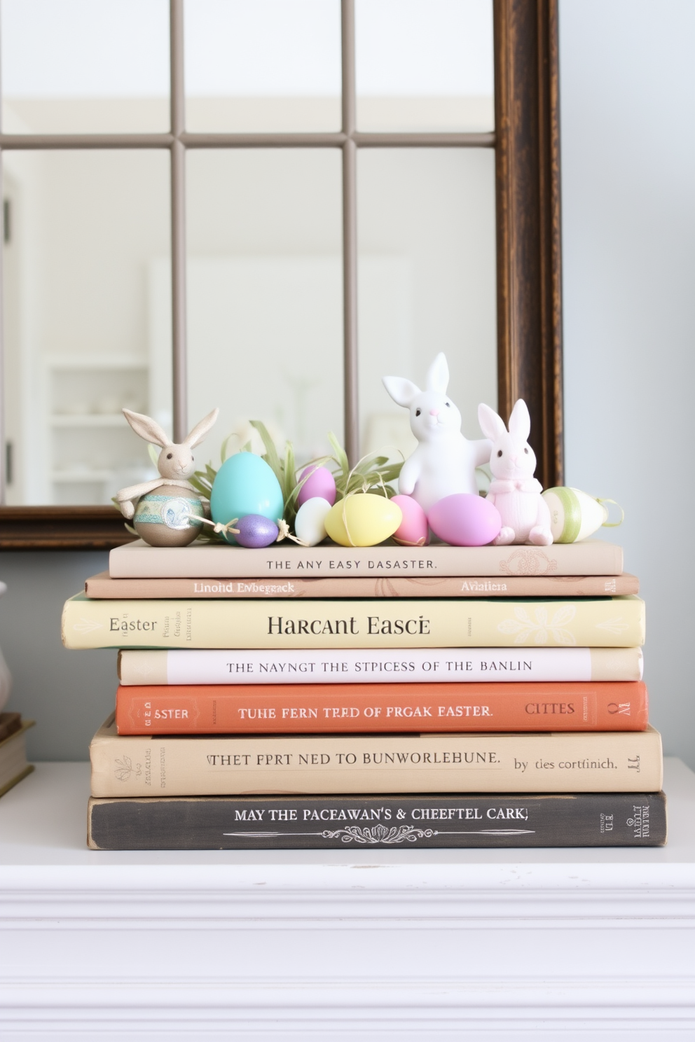 A charming mantel adorned with vintage books stacked neatly, showcasing colorful Easter decor atop them. Delicate pastel-colored eggs and whimsical bunnies are interspersed among the books, creating a festive and inviting atmosphere.