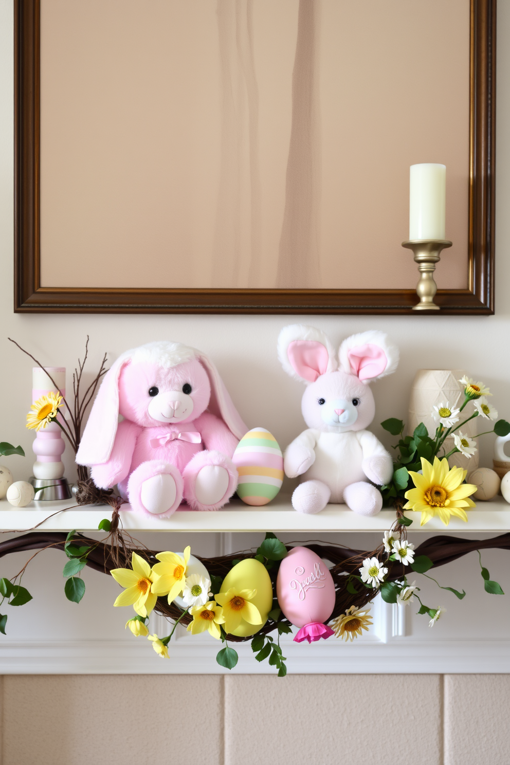 A cozy living room mantel decorated for Easter. Plush toys in pastel colors are arranged alongside decorative eggs and spring flowers, creating a cheerful and festive atmosphere.