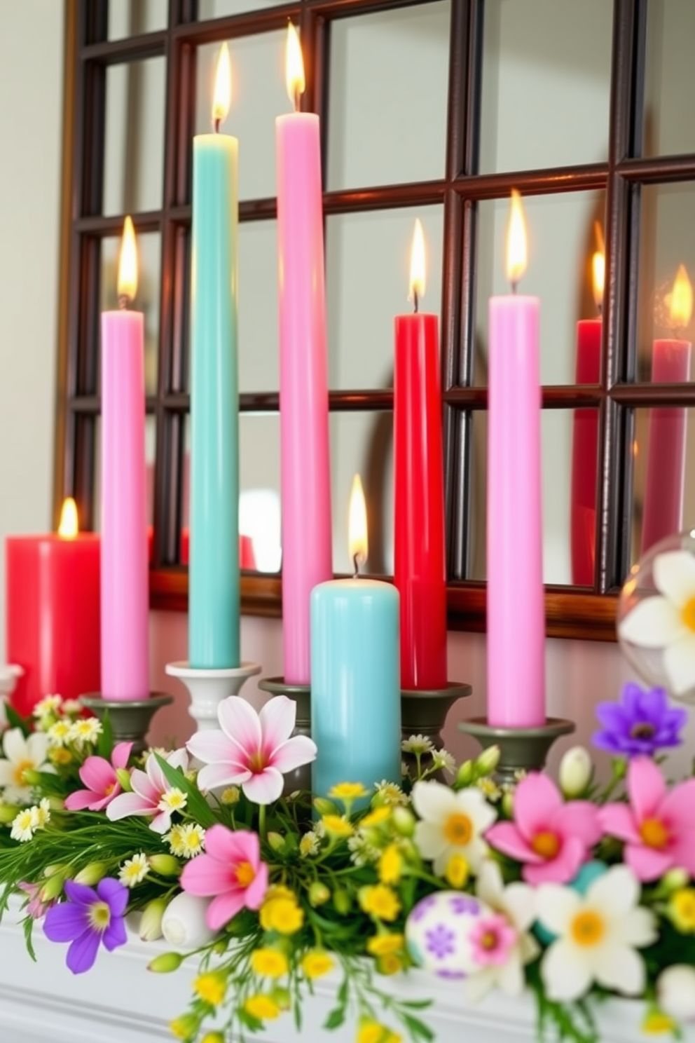 A vibrant mantel adorned with colorful candles in varying heights creates a festive atmosphere. The candles are arranged artfully among decorative elements like spring flowers and pastel Easter eggs.