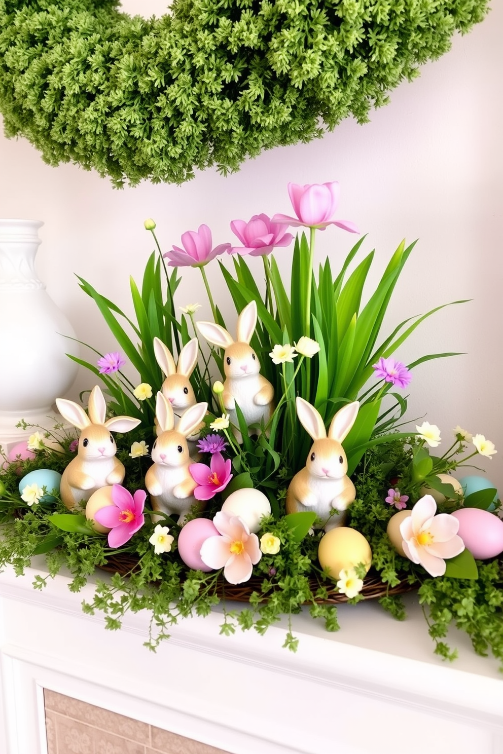 A charming mantel decorated for Easter features whimsical bunny figurines nestled among lush greenery. The bunnies, in various playful poses, are surrounded by vibrant spring flowers and delicate pastel eggs, creating a festive and inviting atmosphere.