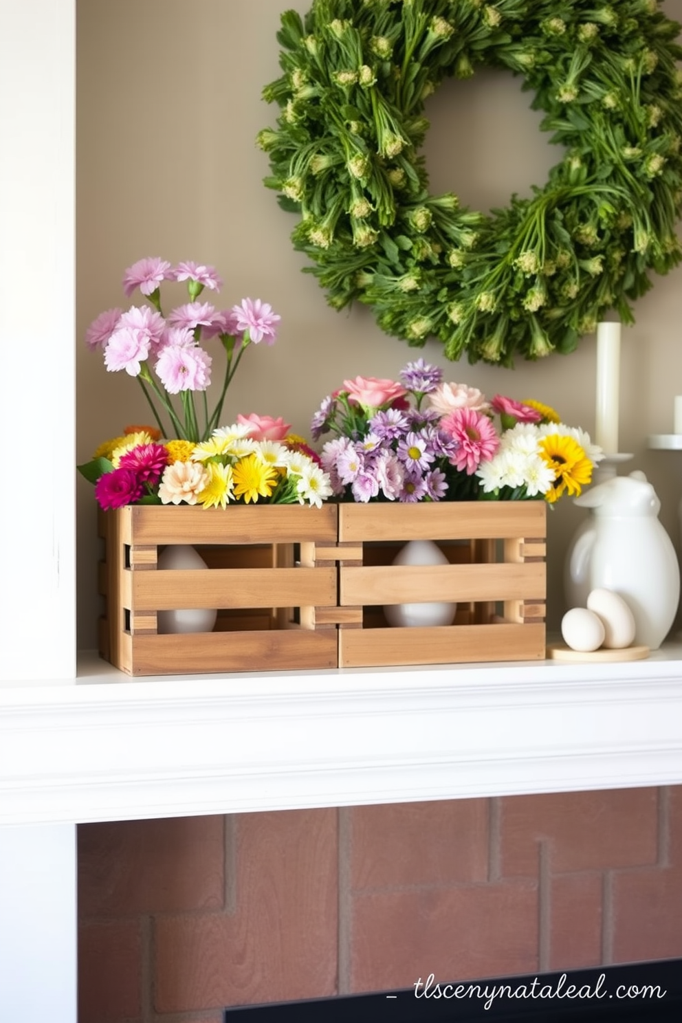 A charming mantel decorated for Easter features rustic wooden crates filled with vibrant flowers in various hues. The crates are arranged artfully, creating a warm and inviting focal point that captures the essence of spring.