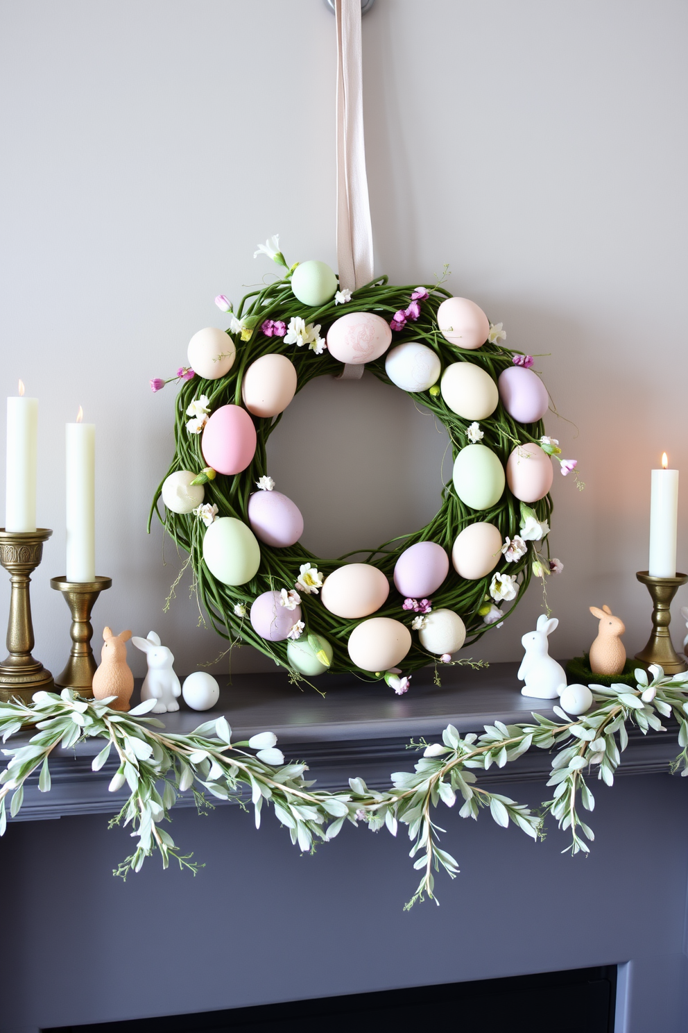 A beautiful egg wreath is elegantly displayed as the centerpiece on the mantel. The wreath features a variety of pastel-colored eggs intertwined with delicate greenery and soft florals. The mantel is adorned with charming Easter decorations including small bunnies and seasonal candles. A light and airy garland drapes along the edges, enhancing the festive atmosphere.