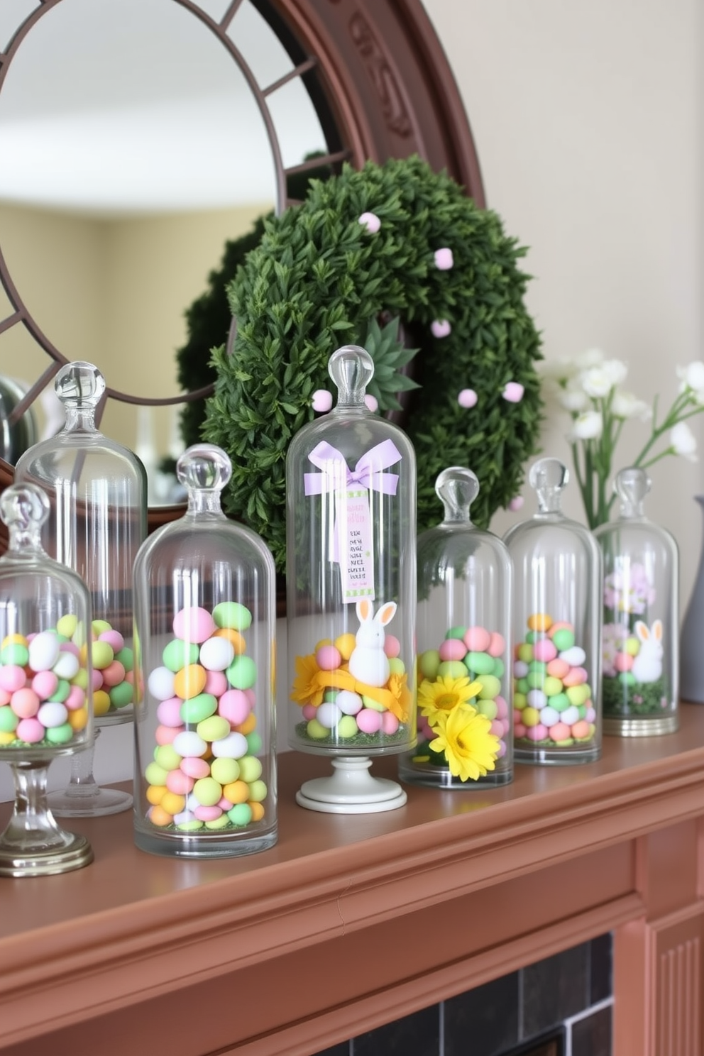 A charming mantel adorned with glass cloches showcasing an assortment of colorful Easter treats. The cloches are arranged in varying heights, filled with decorated eggs, pastel candies, and seasonal flowers, creating a festive and inviting atmosphere.