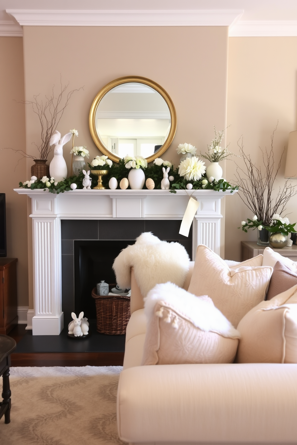 A cozy living room featuring neutral tones throughout the space. The focal point is a beautifully designed mantel adorned with elegant Easter decorations and gold accents. Soft beige walls create a warm atmosphere, while a plush cream sofa complements the color palette. On the mantel, delicate floral arrangements and tasteful Easter-themed decor add a festive touch.