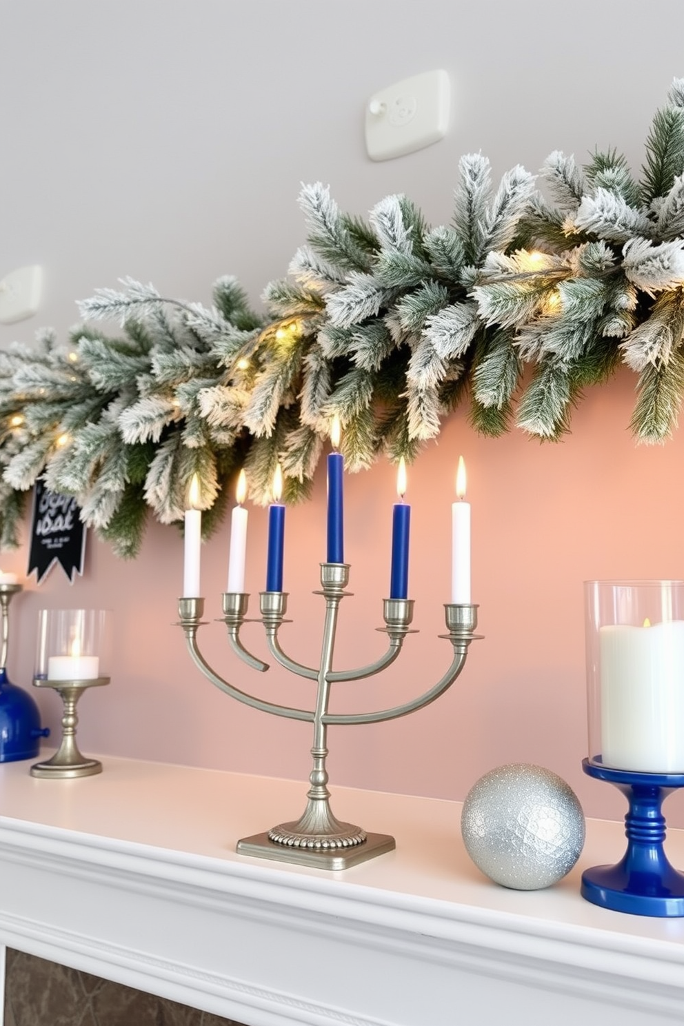 A beautifully designed mantel for Hanukkah featuring a traditional menorah adorned with blue and white candles. The backdrop includes a subtle winter-themed garland with twinkling fairy lights and elegant decorative accents in silver and gold.