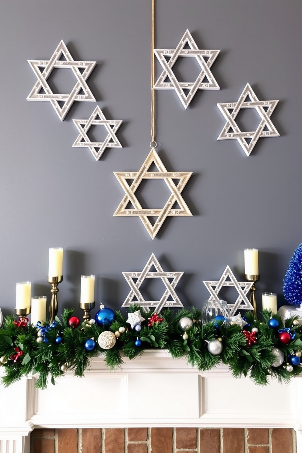 A beautifully decorated mantel featuring elegant Star of David decorations. The mantel is adorned with festive garlands, candles, and a variety of decorative elements celebrating Hanukkah.