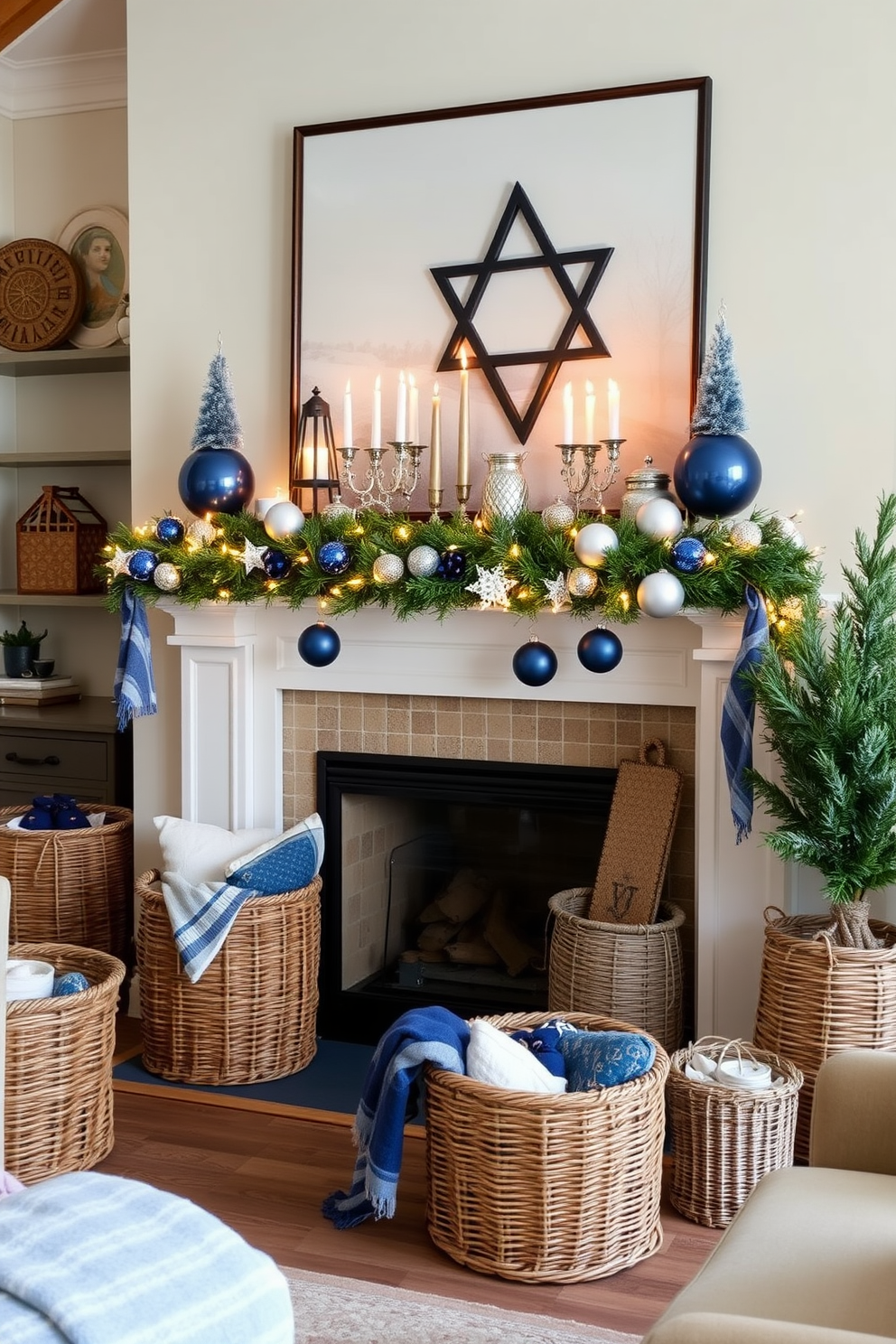 A cozy living room adorned with woven baskets that add a rustic touch. The baskets are strategically placed around the room, filled with soft blankets and seasonal decor. A beautifully decorated mantel for Hanukkah featuring a mix of traditional and modern elements. The mantel is adorned with blue and silver accents, including menorahs, star of David ornaments, and a garland of lights.