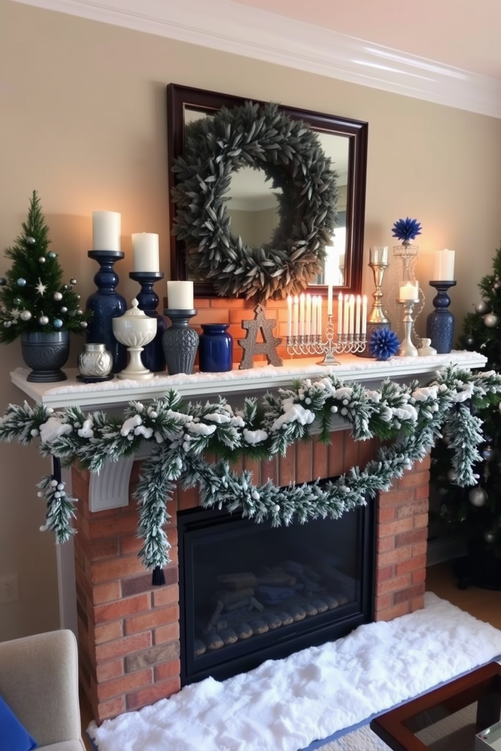 Create a cozy living room setting that captures the essence of winter with faux snow gently covering the mantel. Adorn the mantel with elegant Hanukkah decorations, including blue and silver accents, menorah, and festive garlands.