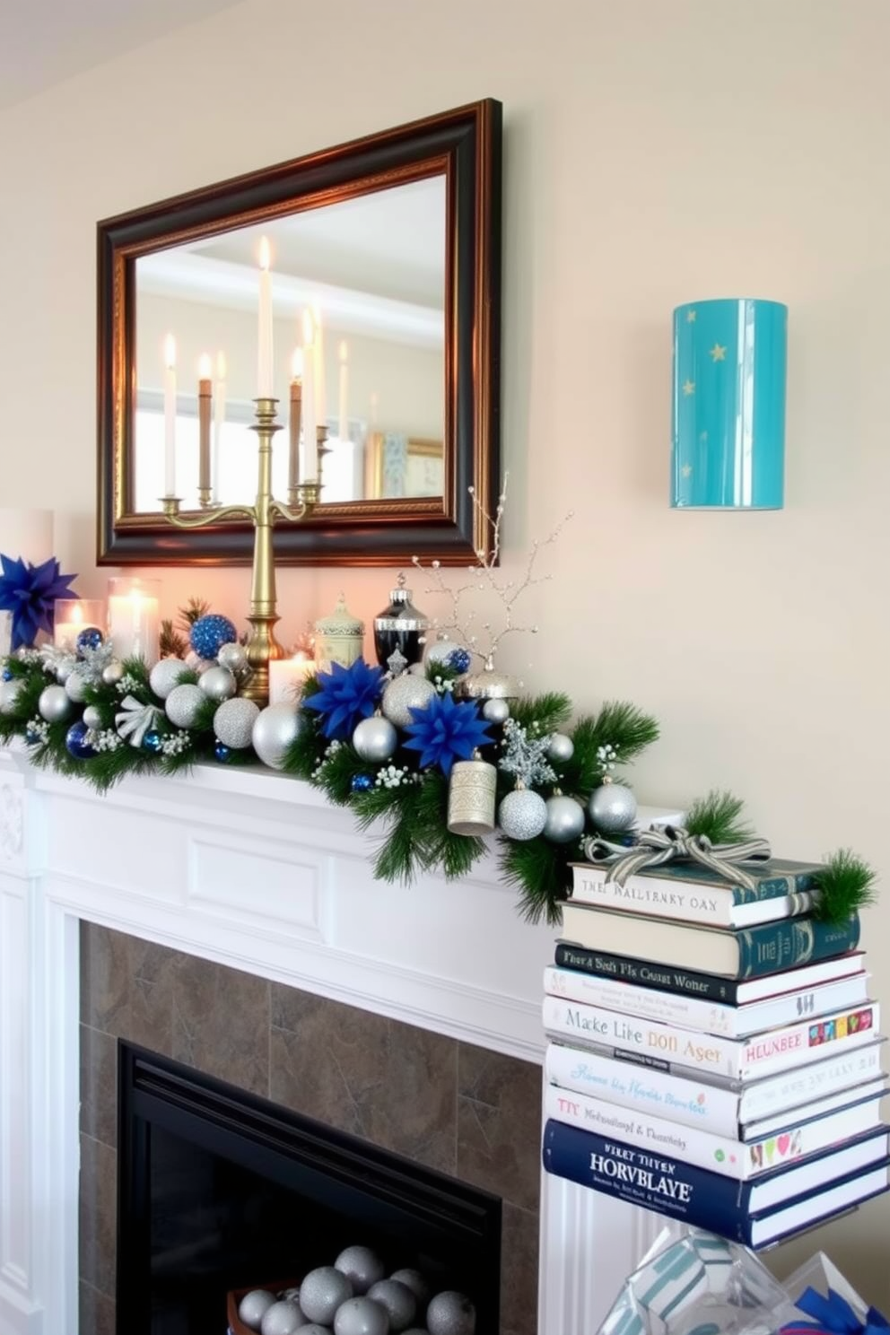 A cozy holiday-themed living room features a beautifully decorated mantel adorned with blue and silver accents. On the mantel, festive candles and a menorah create a warm atmosphere, while holiday-themed books are stacked neatly beside them.