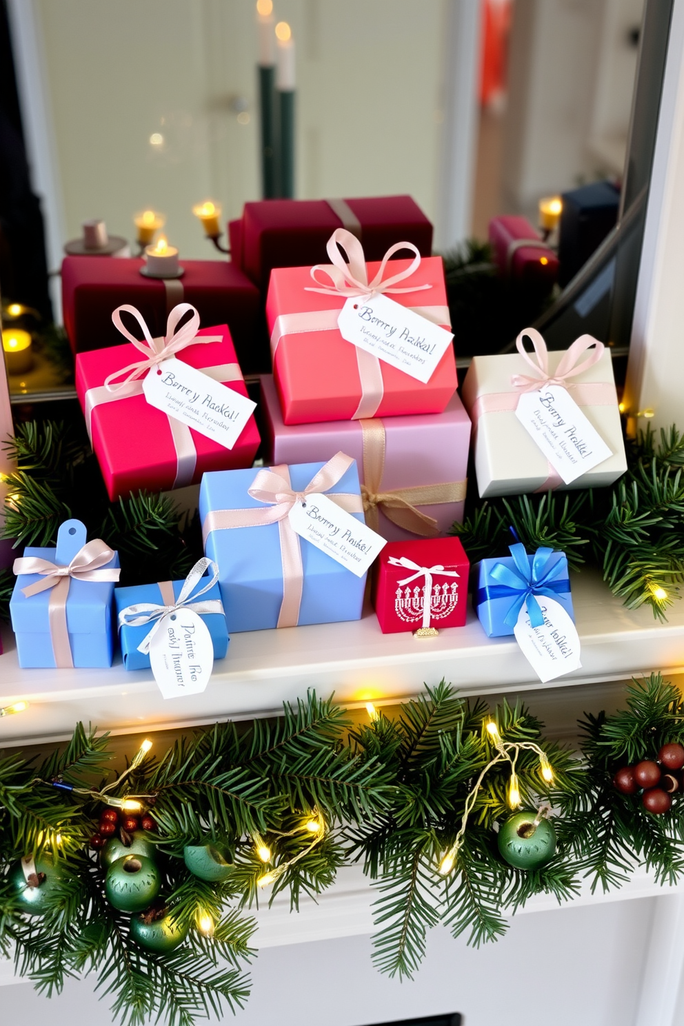 Miniature gift boxes in various sizes and colors are arranged artfully on a mantel. Each box is adorned with delicate ribbons and festive tags, creating a cheerful and inviting display for Hanukkah. The mantel is draped with soft garlands of evergreen, interspersed with twinkling fairy lights. A few decorative dreidels and menorahs are placed among the gift boxes, enhancing the holiday spirit.