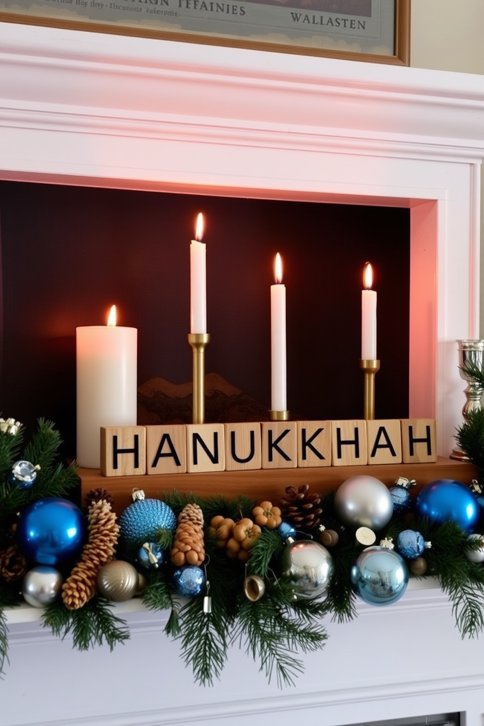 A cozy mantel decorated for Hanukkah features wooden blocks spelling out the word Hanukkah. The blocks are arranged artfully among candles, dried fruits, and festive blue and silver ornaments.