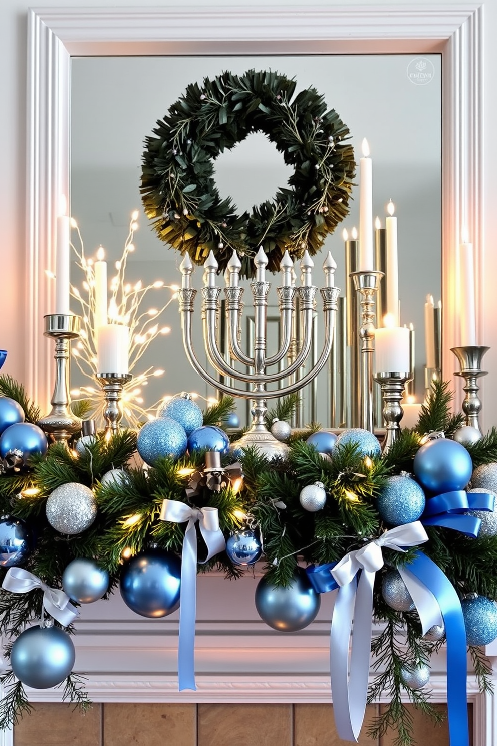 A cozy mantel adorned with glittery ornaments in various shades of blue creates a festive atmosphere. The ornaments are artfully arranged alongside twinkling fairy lights and elegant candle holders, enhancing the holiday spirit. Soft blue and silver accents complement the shimmering decorations, while a beautiful menorah stands proudly at the center. Evergreen garlands intertwined with ribbons add a touch of warmth and natural beauty to the display.