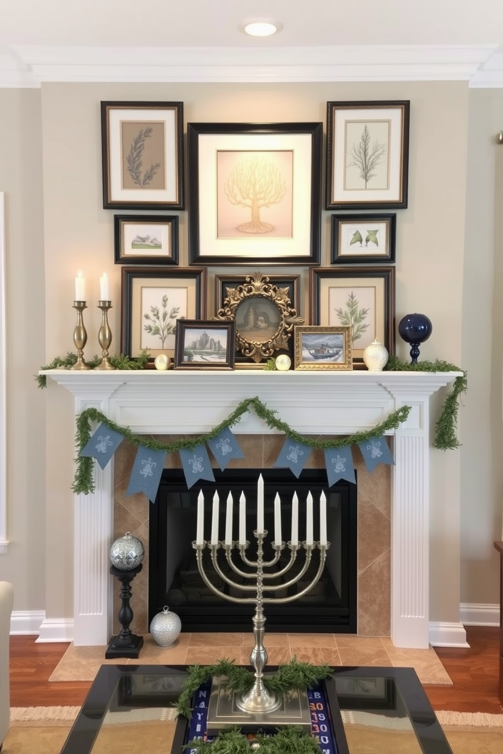 A cozy living room setting features a beautifully decorated mantel adorned with seasonal artwork framed in elegant frames. The mantel is complemented by festive Hanukkah decorations, including blue and silver accents, and a menorah that adds a warm glow to the space.