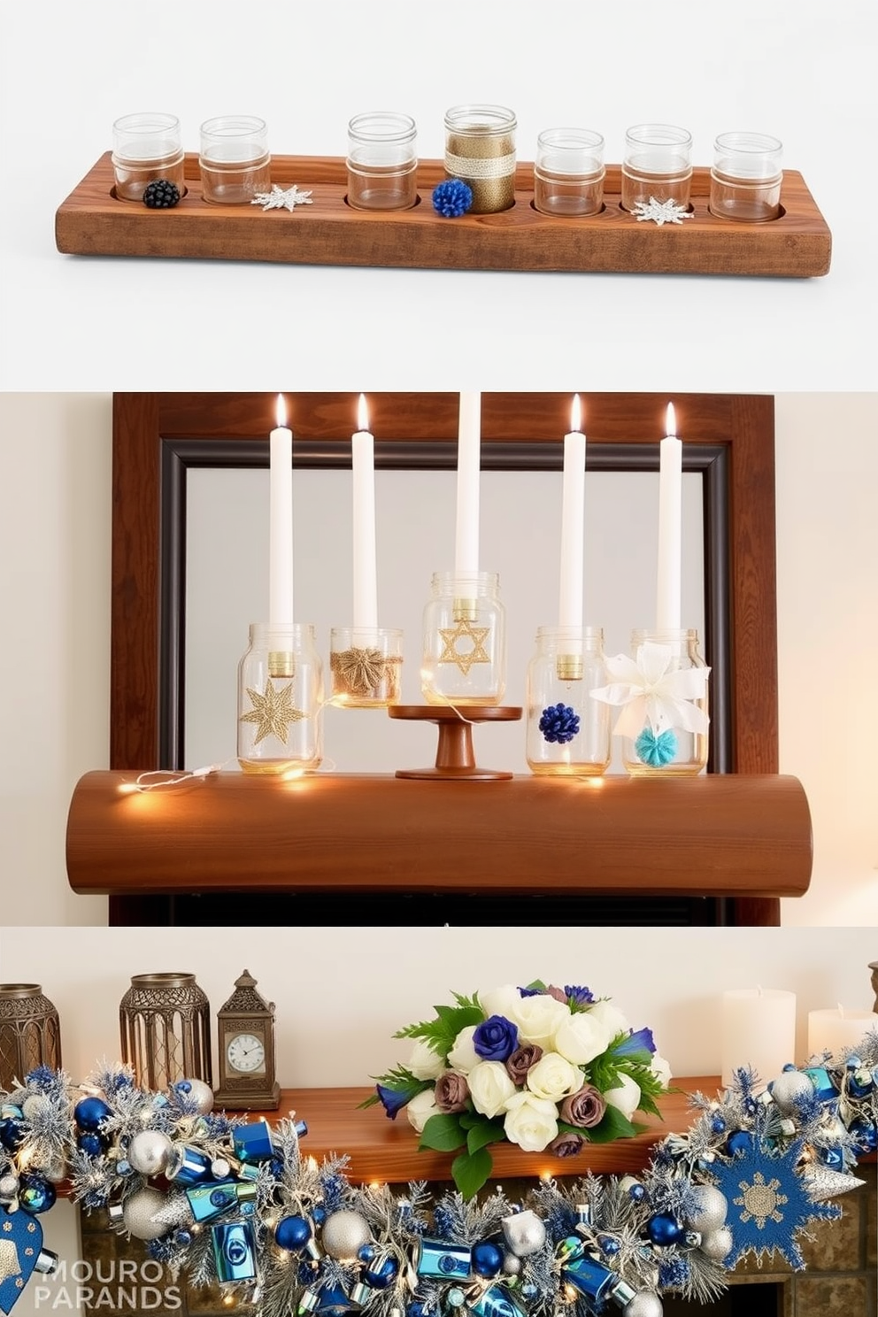 A DIY menorah crafted from repurposed materials showcases creativity and sustainability. The design features a rustic wooden base with candle holders made from upcycled glass jars, each adorned with unique decorations. For mantel Hanukkah decorating ideas, envision a warm and inviting display. Layered garlands of blue and silver with twinkling fairy lights create a festive atmosphere, complemented by decorative dreidels and a beautifully arranged centerpiece.