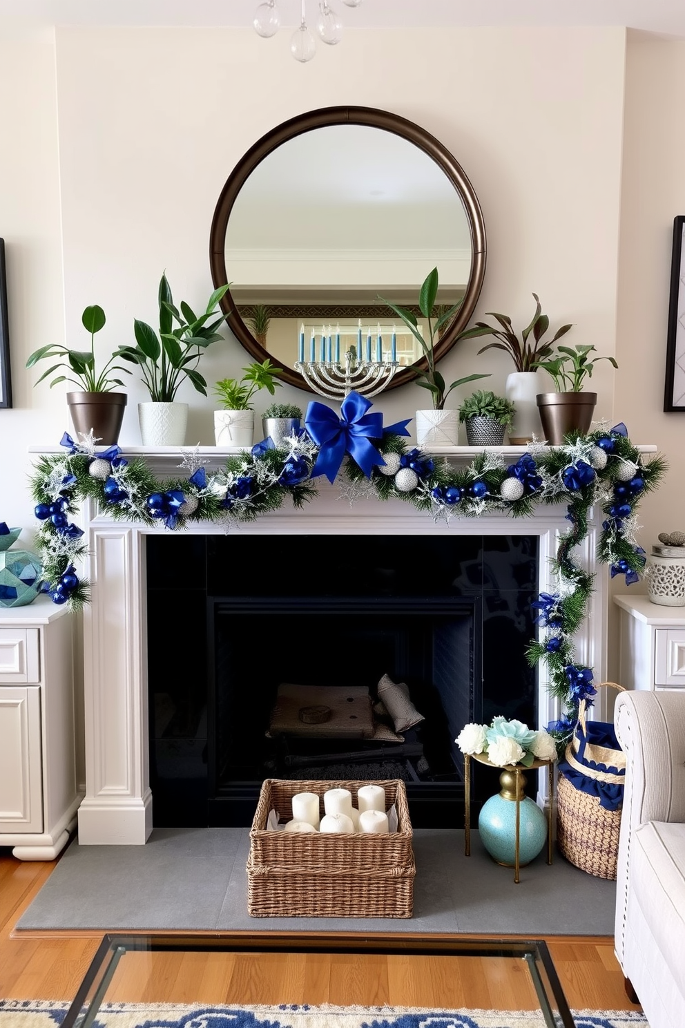 A cozy living room featuring a beautifully decorated mantel adorned with potted plants that bring natural elements indoors. The mantel is elegantly draped with festive Hanukkah decorations, including blue and silver accents, creating a warm and inviting atmosphere.