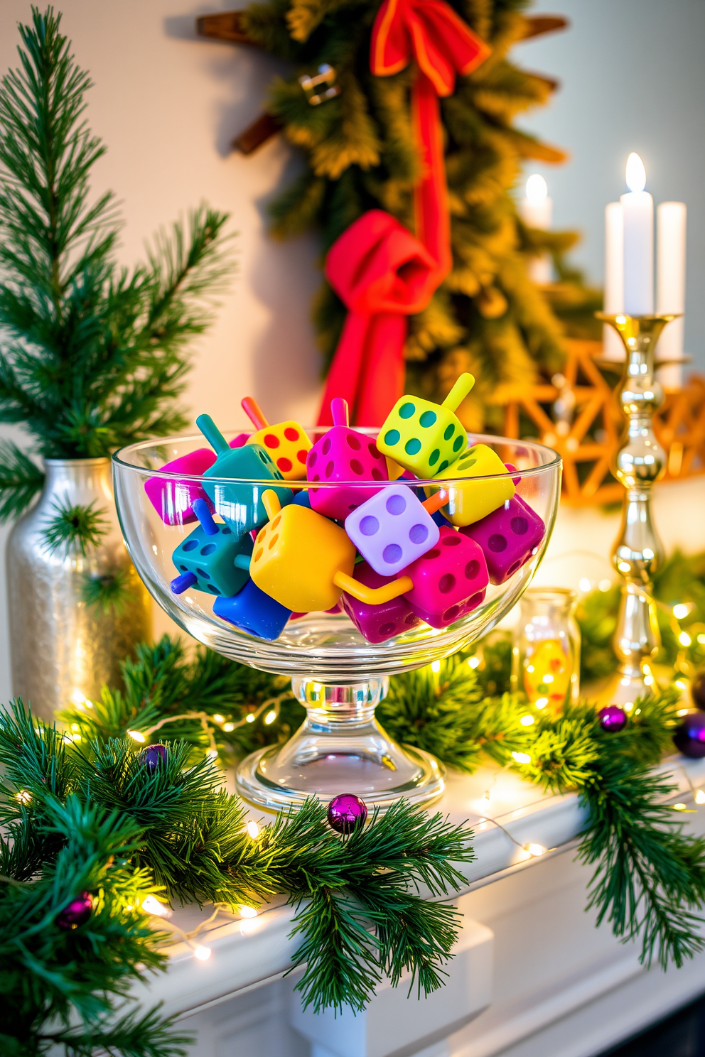 A beautiful glass bowl filled with colorful dreidels sits on a festive mantel. The mantel is adorned with twinkling lights, greenery, and traditional Hanukkah decorations, creating a warm and inviting atmosphere.