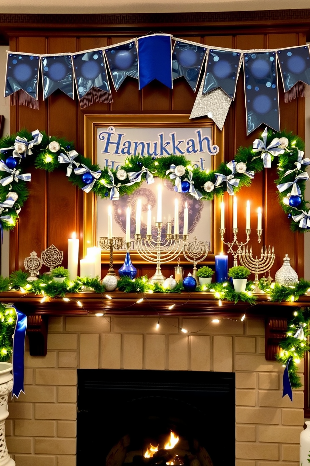 Create a warm and inviting living room setting for Hanukkah. The mantel is adorned with festive banners and garlands, featuring blue and silver colors that reflect the holiday spirit. On the mantel, display a collection of decorative menorahs and candles, interspersed with twinkling fairy lights. Add a few small potted plants and seasonal ornaments to enhance the festive atmosphere.