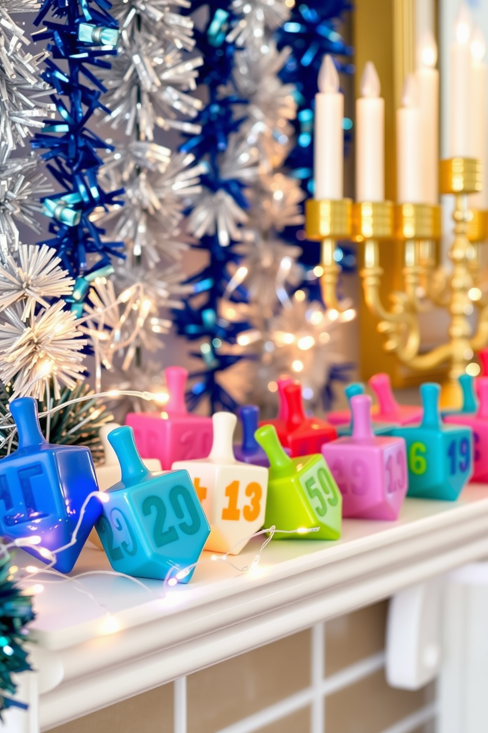 A festive mantel decorated for Hanukkah features a collection of ceramic dreidels in various vibrant colors. The dreidels are arranged alongside twinkling fairy lights and a backdrop of blue and silver garlands, creating a cheerful holiday atmosphere.