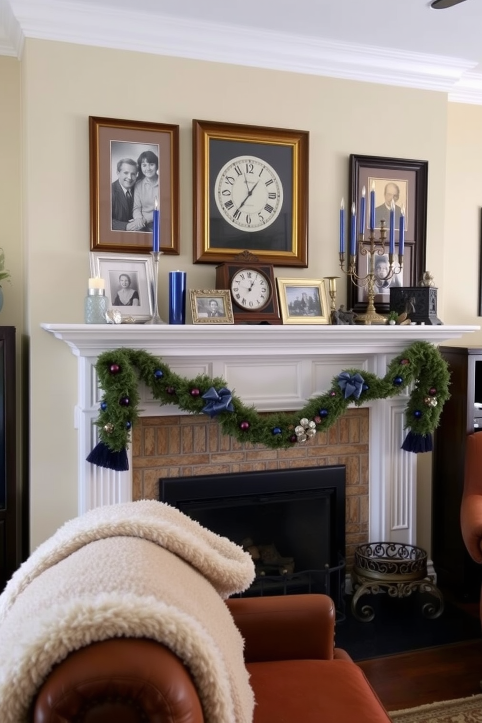 A warm and inviting living room featuring a beautifully styled mantel. Family heirlooms are displayed prominently on the mantel, including an antique clock and a collection of framed photographs. The mantel is adorned with festive Hanukkah decorations, such as elegant blue and silver candles and a decorative menorah. Soft lighting enhances the cozy atmosphere, with a plush throw draped over a nearby armchair.