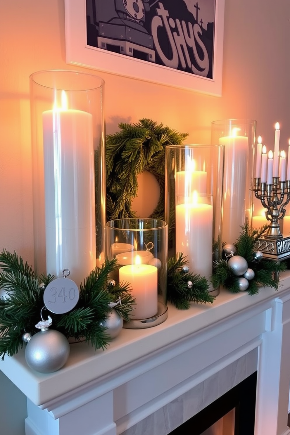 A cozy mantel adorned with glass hurricanes filled with flickering candles creates a warm and inviting atmosphere. The soft glow of the candlelight enhances the festive decor, making it perfect for celebrating Hanukkah. Surrounding the hurricanes, elegant seasonal decorations such as dreidels and menorahs add a touch of tradition. Sprigs of evergreen and silver accents complete the look, bringing a sense of joy and celebration to the space.