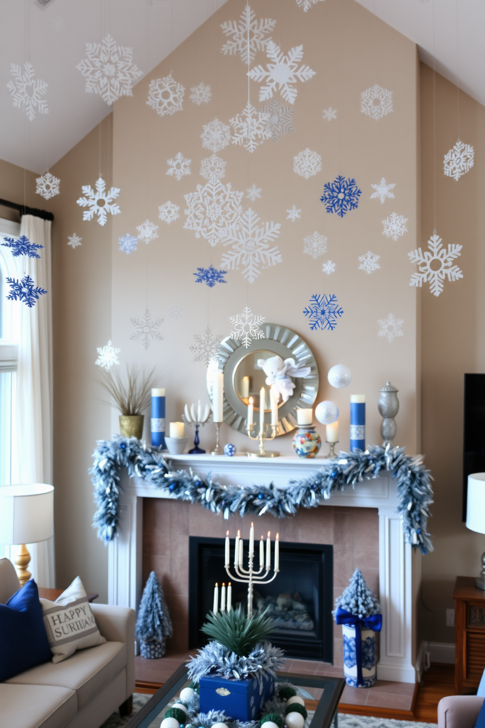 A cozy living room adorned for Hanukkah. Paper snowflakes hang gracefully from the ceiling, creating a whimsical atmosphere, while the mantel is decorated with blue and silver accents, including menorahs and festive garlands.