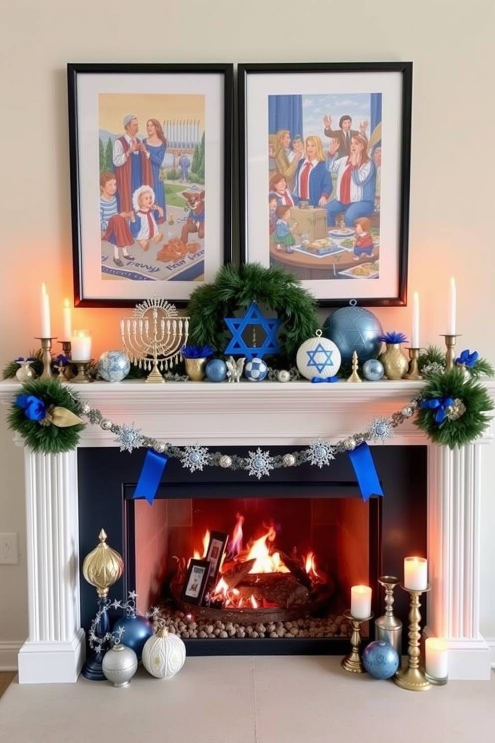 A beautifully decorated mantel for Hanukkah featuring artistic prints that celebrate the holiday's traditions. The mantel is adorned with a variety of blue and silver decorations, including menorahs and dreidels, complemented by warm, glowing candles. Above the mantel, vibrant prints depicting scenes of Hanukkah festivities add a festive touch. The overall arrangement combines elegance with a sense of joy, creating a welcoming atmosphere for family gatherings.