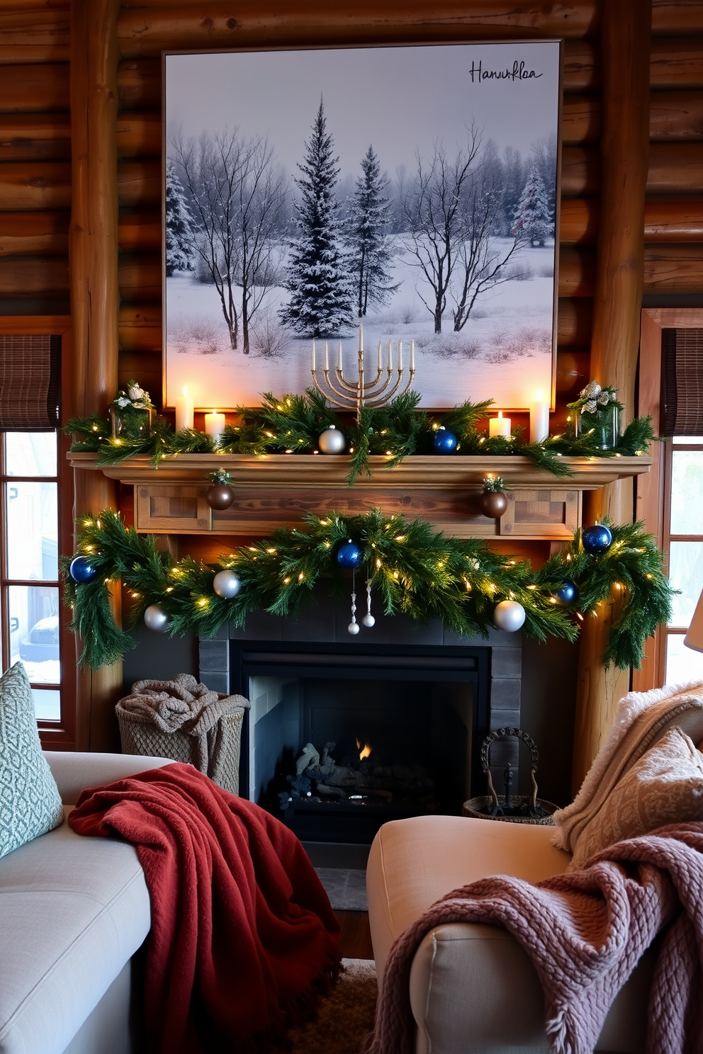 A cozy living room filled with rustic wooden accents creates a warm and inviting atmosphere. The mantel is beautifully decorated for Hanukkah, featuring a menorah, blue and silver ornaments, and evergreen garlands intertwined with fairy lights. Above the mantel, a large piece of artwork showcases winter scenes, enhancing the seasonal charm. Soft, plush throws in rich colors drape over the furniture, inviting guests to relax and enjoy the festive ambiance.