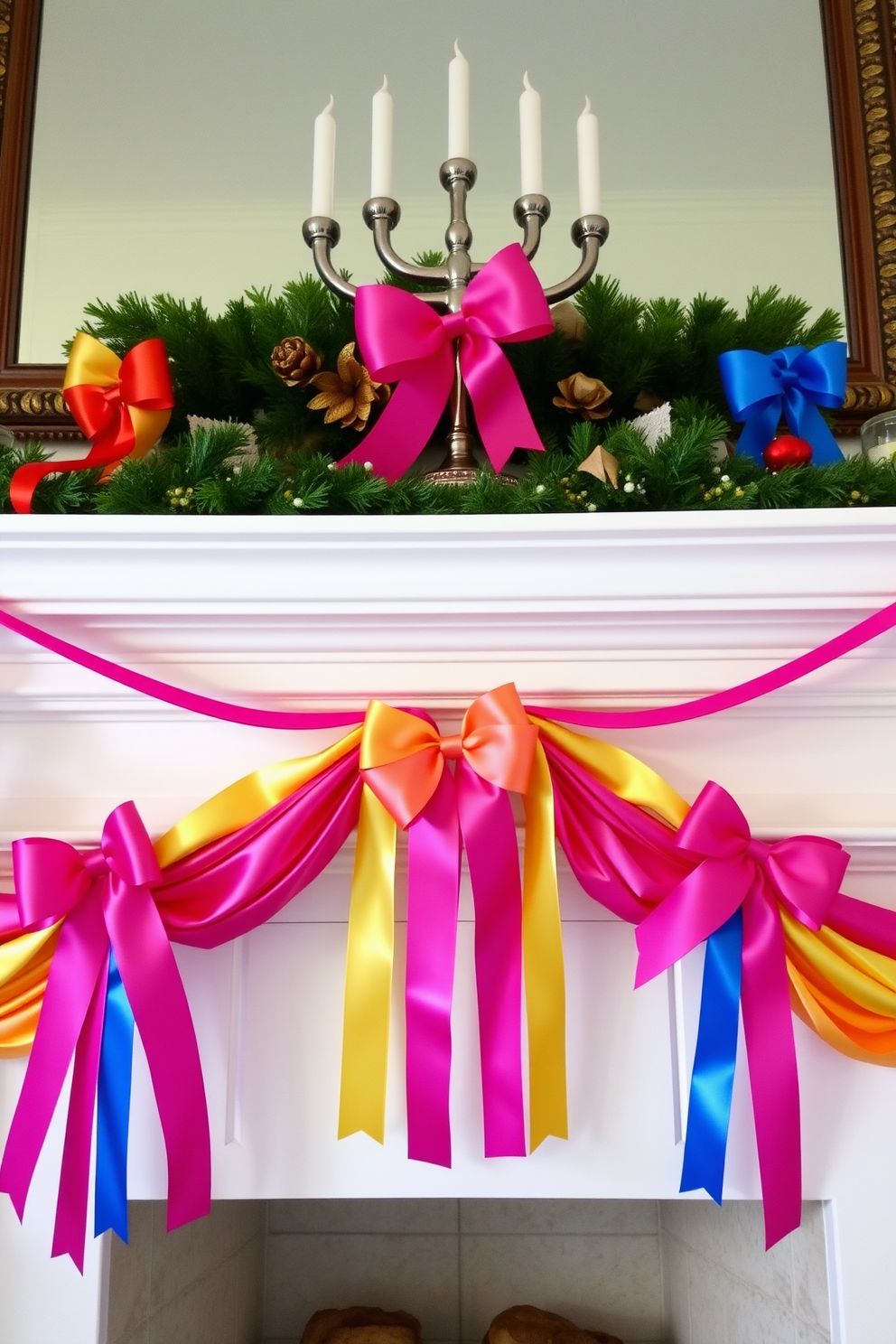 A festive mantel adorned with brightly colored ribbons tied in elegant bows. The ribbons cascade down from the top of the mantel, creating a cheerful and vibrant display for the Hanukkah celebration.