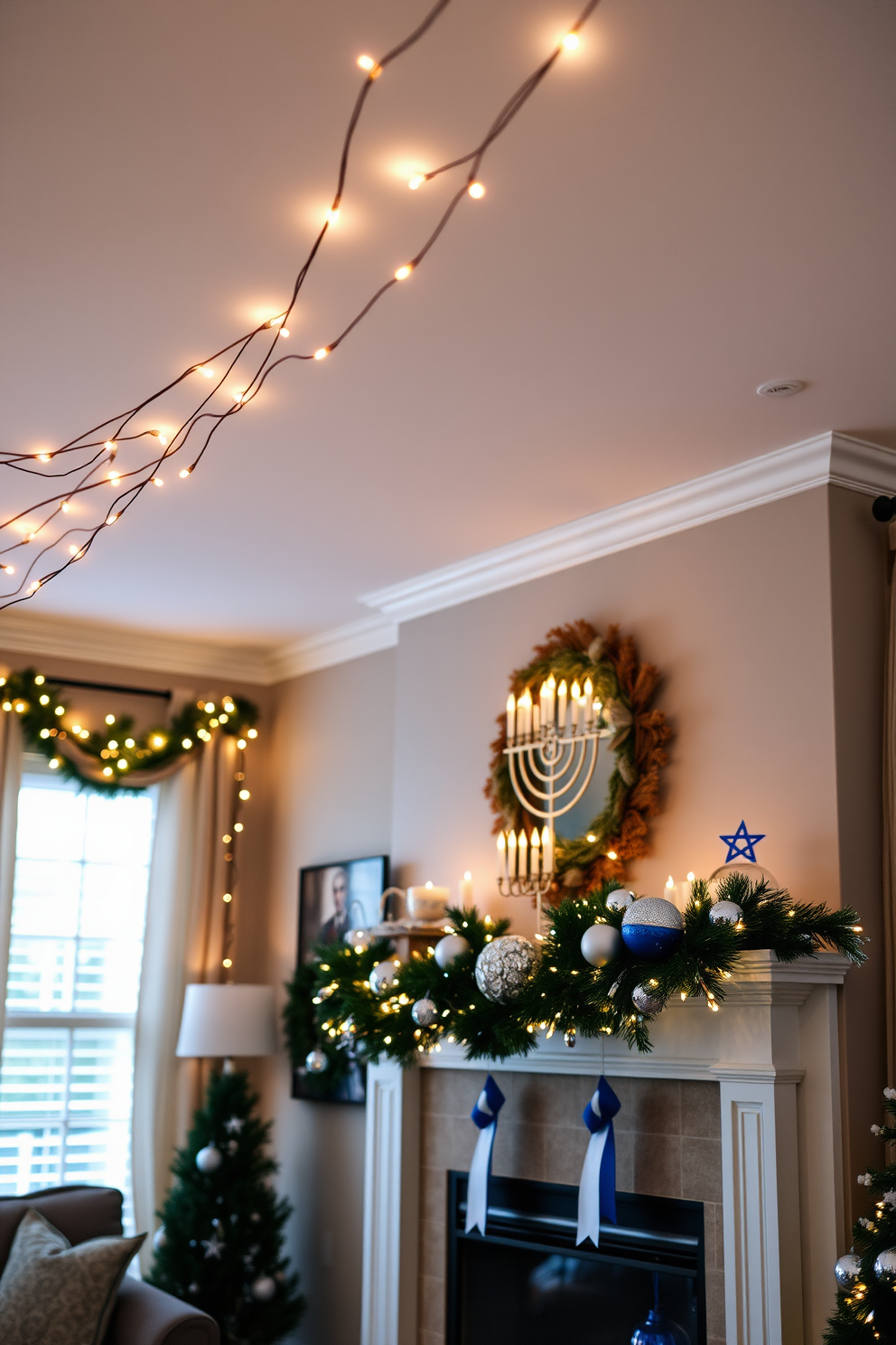 A cozy living room adorned with string lights that create a warm and festive glow. The lights are draped elegantly across the ceiling and around the windows, enhancing the holiday atmosphere. A beautifully decorated mantel featuring traditional Hanukkah decorations. The mantel is adorned with a menorah, blue and silver ornaments, and a festive garland, creating a welcoming focal point for the celebration.