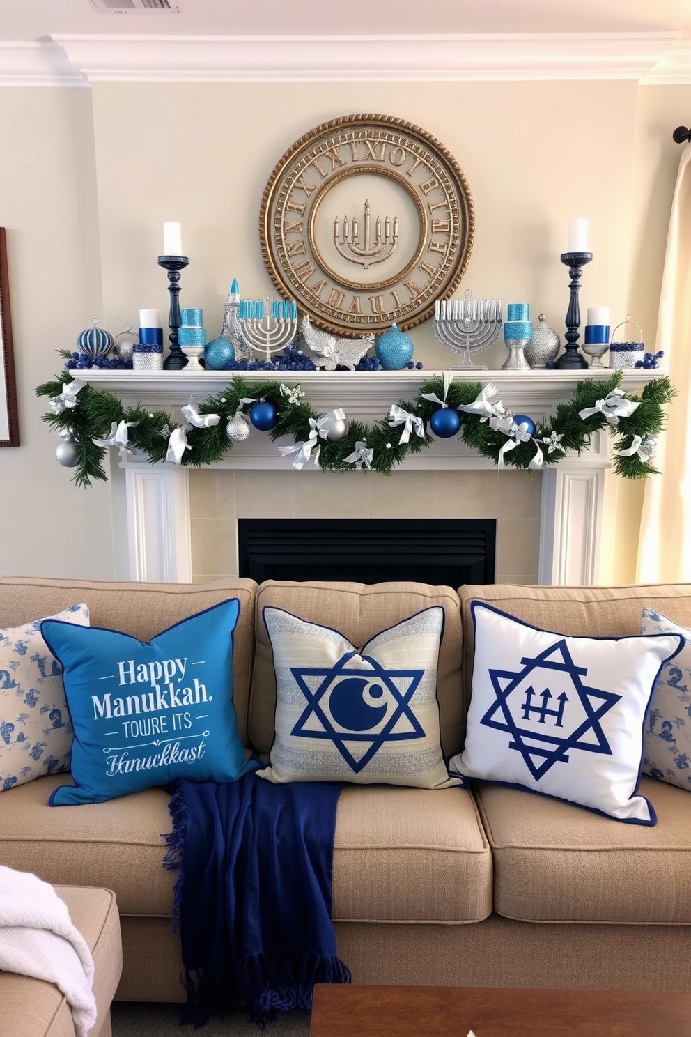 Create a cozy living room scene featuring a comfortable sofa adorned with themed pillows that reflect the spirit of Hanukkah. The mantel above the fireplace is elegantly decorated with blue and silver accents, including menorahs, dreidels, and festive garlands.