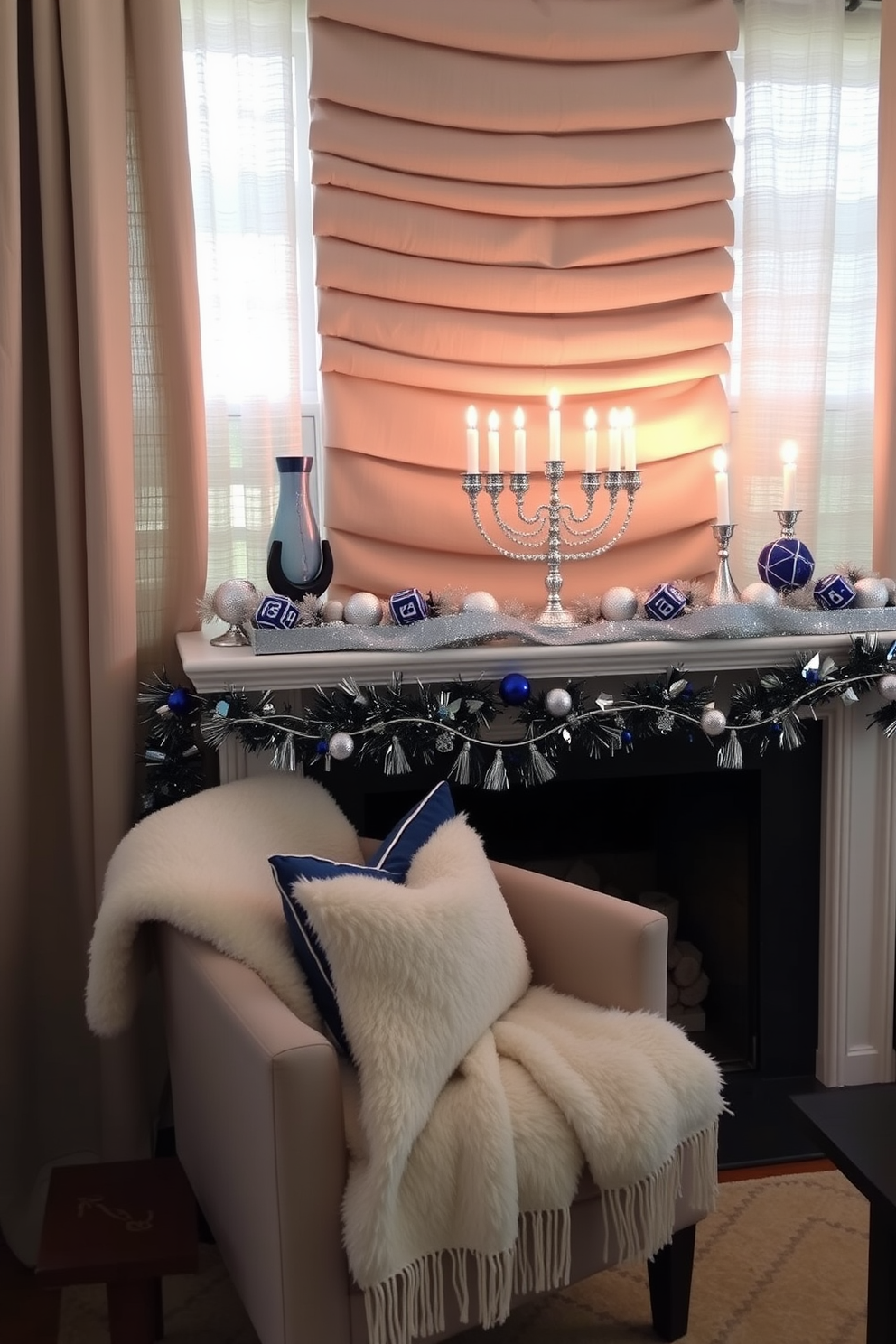 A cozy living room setting featuring layered fabric as a backdrop. Soft, textured curtains frame the windows, while a plush throw blanket drapes over a stylish armchair. The mantel is beautifully decorated for Hanukkah with elegant blue and silver accents. A menorah takes center stage, surrounded by decorative dreidels and shimmering garlands.