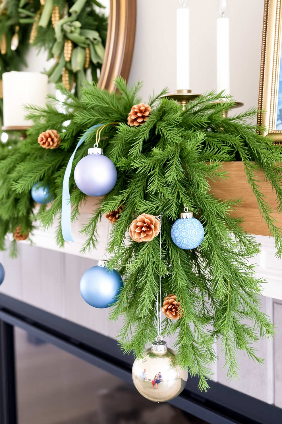 A cozy living room mantel decorated for Hanukkah features fresh greenery intertwined with pinecone accents. Soft blue and silver ornaments hang delicately, complementing the natural elements and creating a warm festive atmosphere.