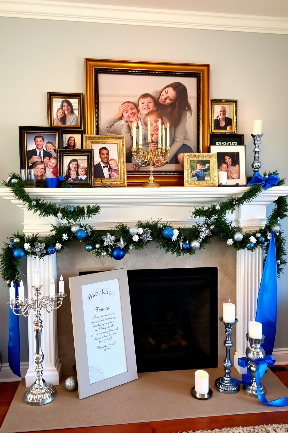 A charming mantel adorned with a personalized family photo display. The photos are arranged in a mix of frames, showcasing cherished memories and adding a warm touch to the festive decor. For Hanukkah, the mantel is decorated with elegant blue and silver accents. Menorahs, dreidels, and candles are artfully placed alongside the family photos, creating a beautiful holiday atmosphere.