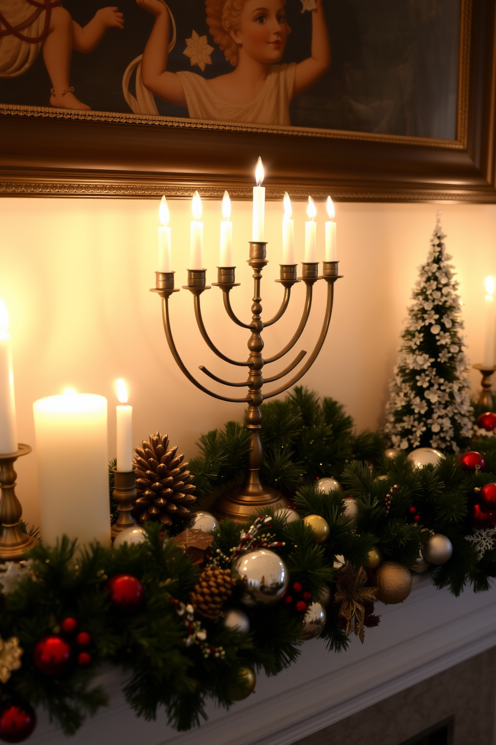 A vintage menorah stands as a striking centerpiece on the mantel, surrounded by an array of festive decorations. Soft candlelight flickers, casting a warm glow over the beautifully arranged garlands and ornaments that celebrate the spirit of Hanukkah.