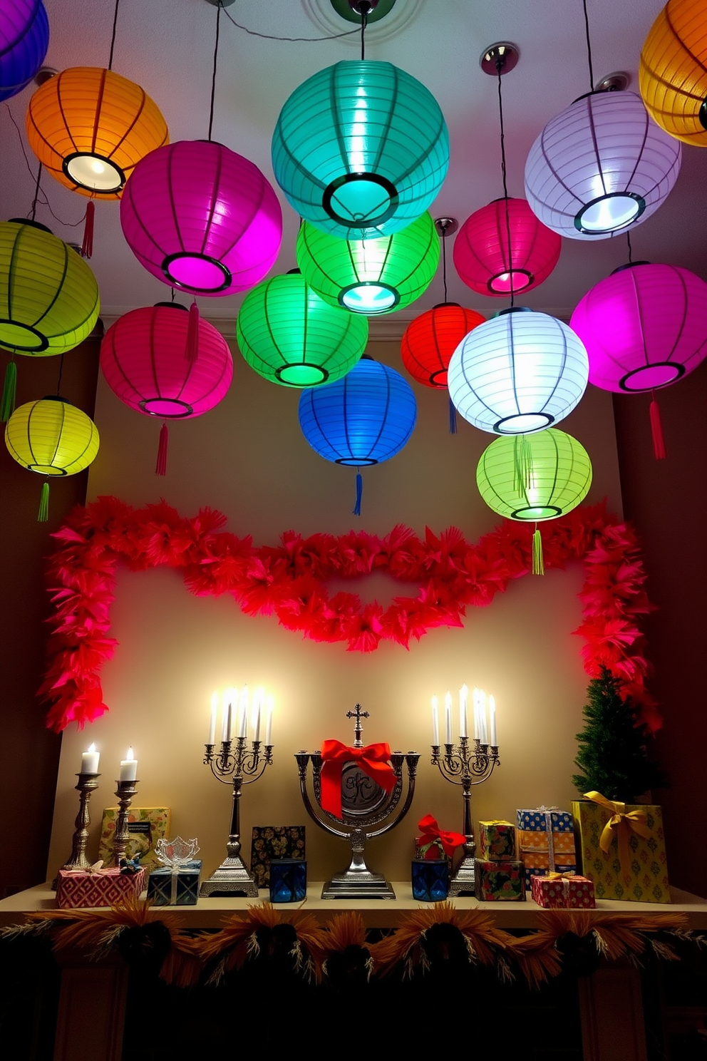 Colorful paper lanterns hang gracefully from the ceiling, casting a warm and festive glow throughout the room. The mantel is adorned with a variety of decorative elements, including traditional menorahs, vibrant garlands, and beautifully wrapped gifts, creating a joyful Hanukkah atmosphere.