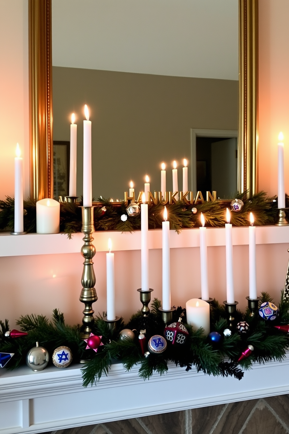 A cozy mantel adorned for Hanukkah features candles of varying heights and sizes arranged artfully. The soft glow of the flames reflects off decorative elements such as dreidels and festive garlands, creating a warm and inviting atmosphere.