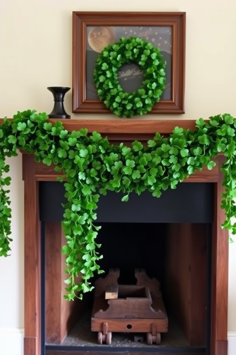 A charming mantel adorned with a lush shamrock garland elegantly drapes across its length. The vibrant green of the garland contrasts beautifully with the rustic wood of the mantel, creating a festive St. Patrick's Day atmosphere.