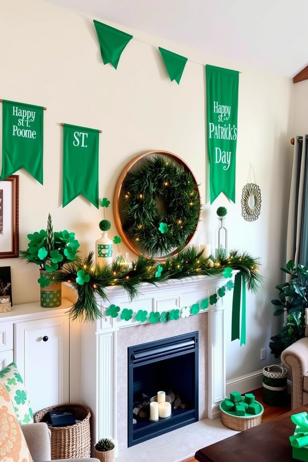 A cozy living room adorned with festive banners celebrating St. Patrick's Day. The mantel is decorated with green and gold accents, featuring shamrocks and twinkling fairy lights.