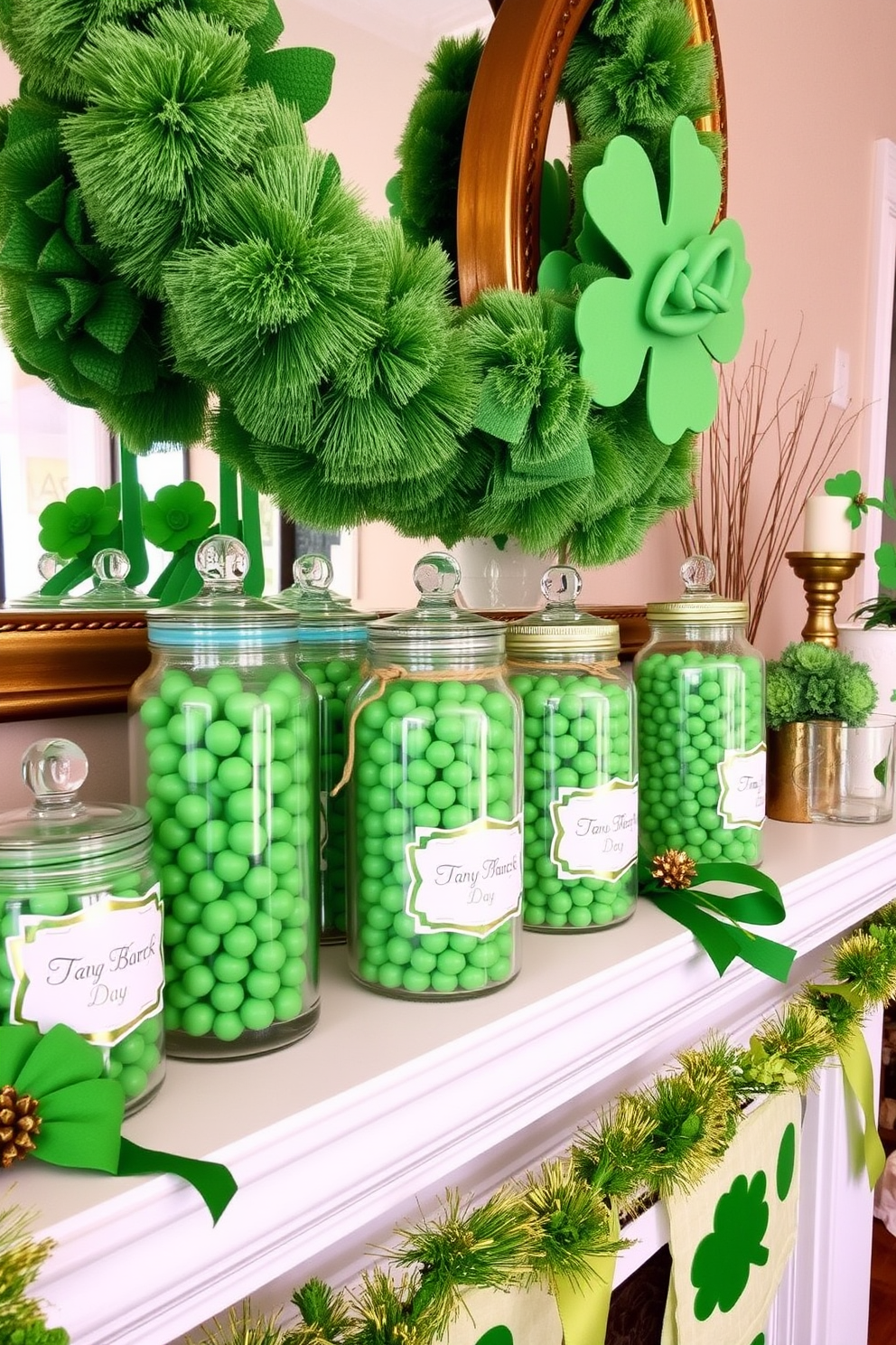 A charming mantel decorated for St. Patrick's Day features an array of glass jars filled with vibrant green candies. The jars are arranged alongside festive green and gold accents, creating a cheerful and inviting atmosphere.