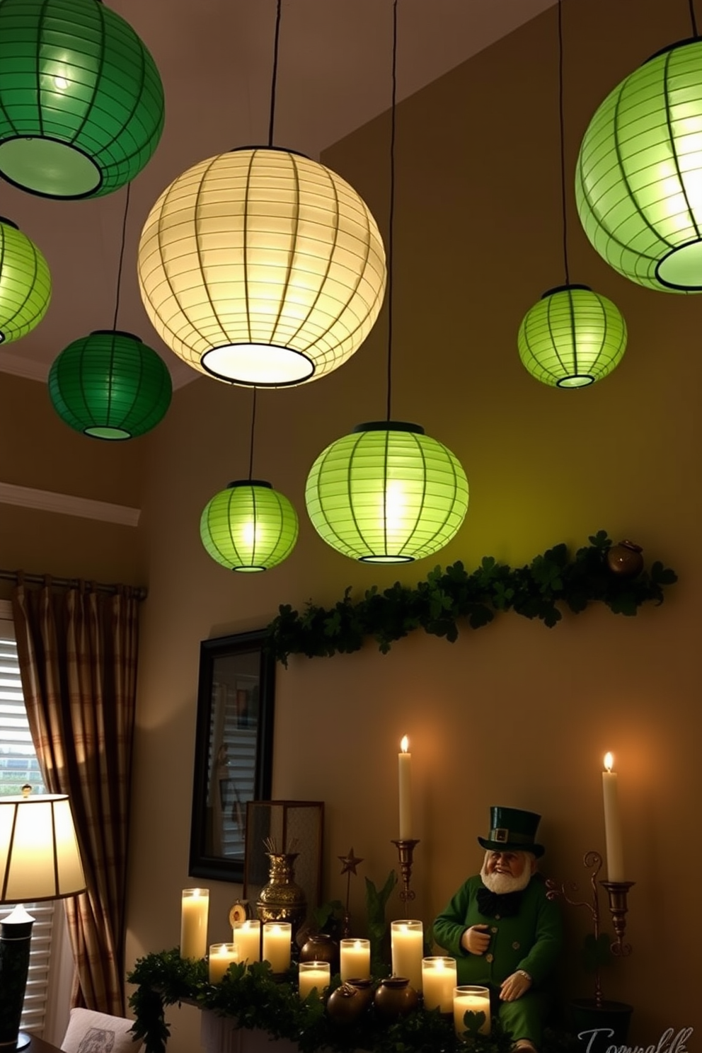 A cozy living room adorned with hanging paper lanterns in various shades of green. The lanterns sway gently from the ceiling, casting soft shadows that enhance the festive atmosphere. A beautifully decorated mantel featuring elements of St. Patrick's Day. There are garlands of shamrocks, small pots of gold, and a charming leprechaun figurine nestled among flickering candles.