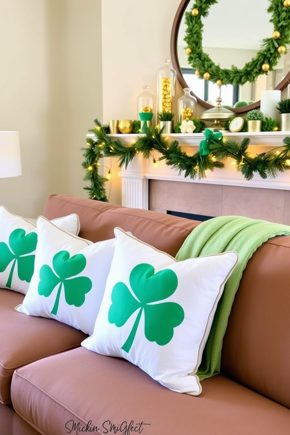 Decorative pillows featuring vibrant shamrock prints are arranged on a plush sofa, adding a festive touch to the living room. The pillows are complemented by a cozy throw blanket in shades of green, creating an inviting atmosphere for St. Patrick's Day celebrations. A beautifully styled mantel is adorned with a mix of greenery and gold accents, showcasing a collection of decorative items that evoke the spirit of St. Patrick's Day. String lights and small potted plants enhance the festive decor, making the space feel warm and welcoming.