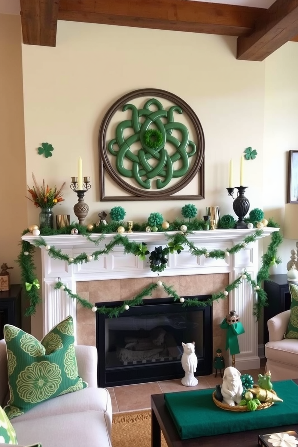 Create a cozy living room setting adorned with Celtic knot decorations that add a touch of elegance and cultural flair. The mantel is beautifully decorated for St. Patrick's Day, featuring green and gold accents, along with festive garlands and charming figurines.