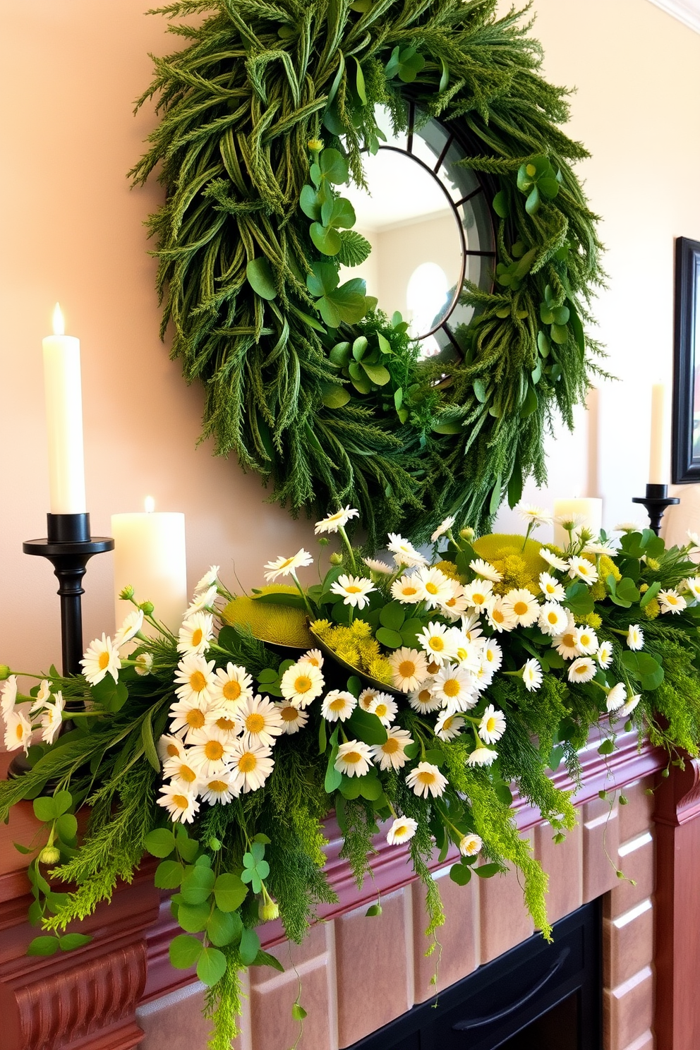 A charming mantel adorned with fresh greenery and vibrant seasonal flowers creates a festive atmosphere. The arrangement features clusters of shamrocks and white daisies, bringing a touch of spring to your St. Patrick's Day celebration.