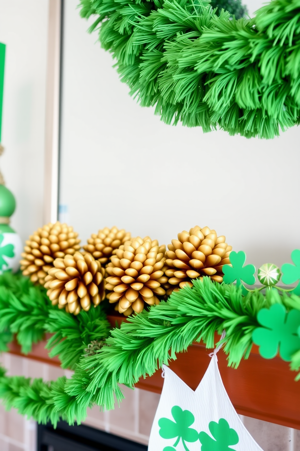 A festive mantel adorned with gold spray-painted pinecones adds a touch of elegance and texture. Surrounding the pinecones, vibrant green garlands and shamrock-themed decorations create a cheerful St. Patrick's Day atmosphere.